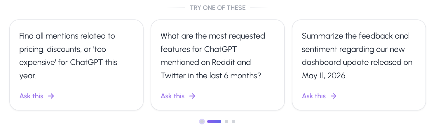 Row of AI Insights suggested prompt chips covering complaints, discovery, bugs, pricing, features, feedback, technical, influencers, sentiment, themes, and positive mentions